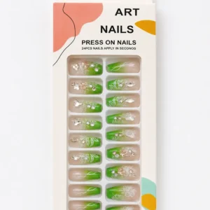 Green Floral Rhinestone Press On Nails 24PCS