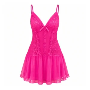 Hot Pink Floral Lace Short Nighty Dress with Bow