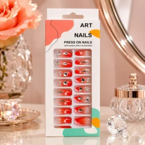 Red Rhinestone Press On Nails 24PCS