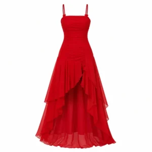 Red chiffon nighty with ruched high-low maxi design