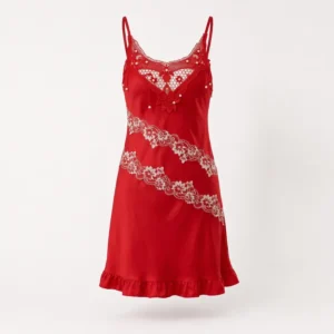 Red satin nighty with lace detail for women