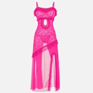 Shocking Pink Lace Cutout Maxi Nighty Dress for Women